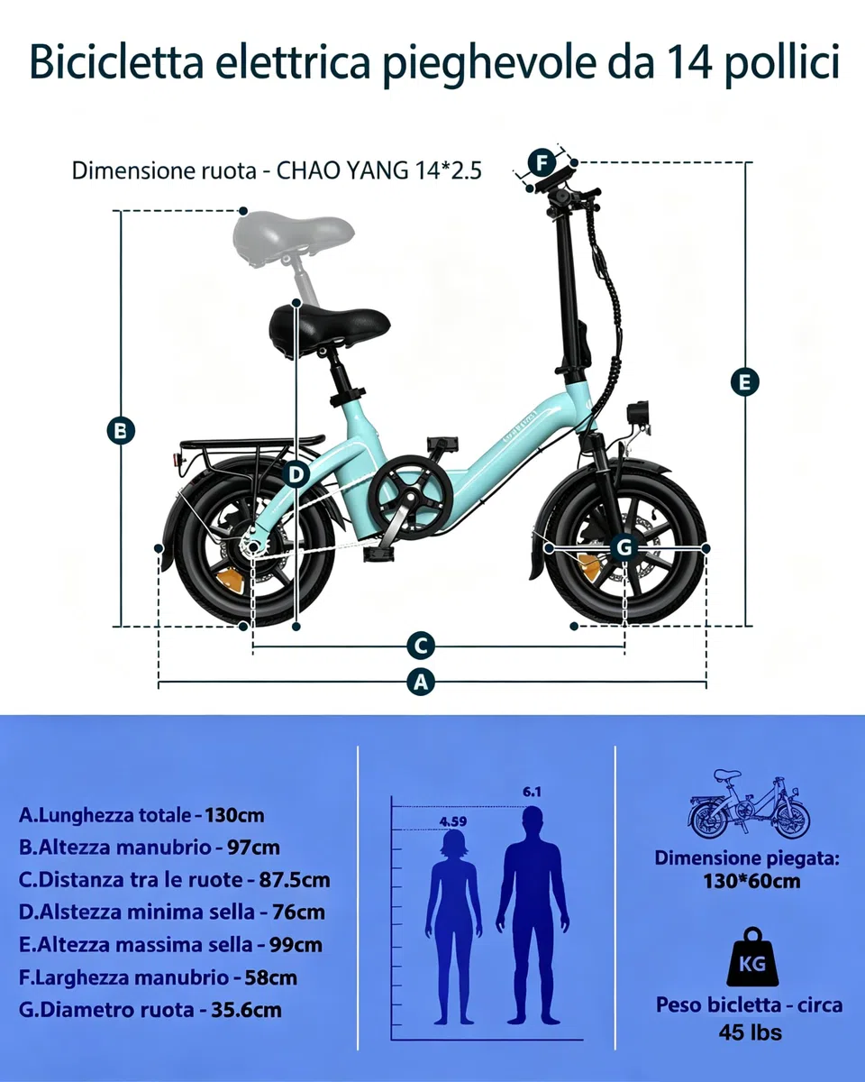 Bodywel T16Pro Bici Elettrica Pieghevole 14" Leggera Adulti/Ragazzi, Batteria 36V 10Ah + Motore 250W, 3 Velocità, Display LED 4.5", Preassemblata 90% per Città