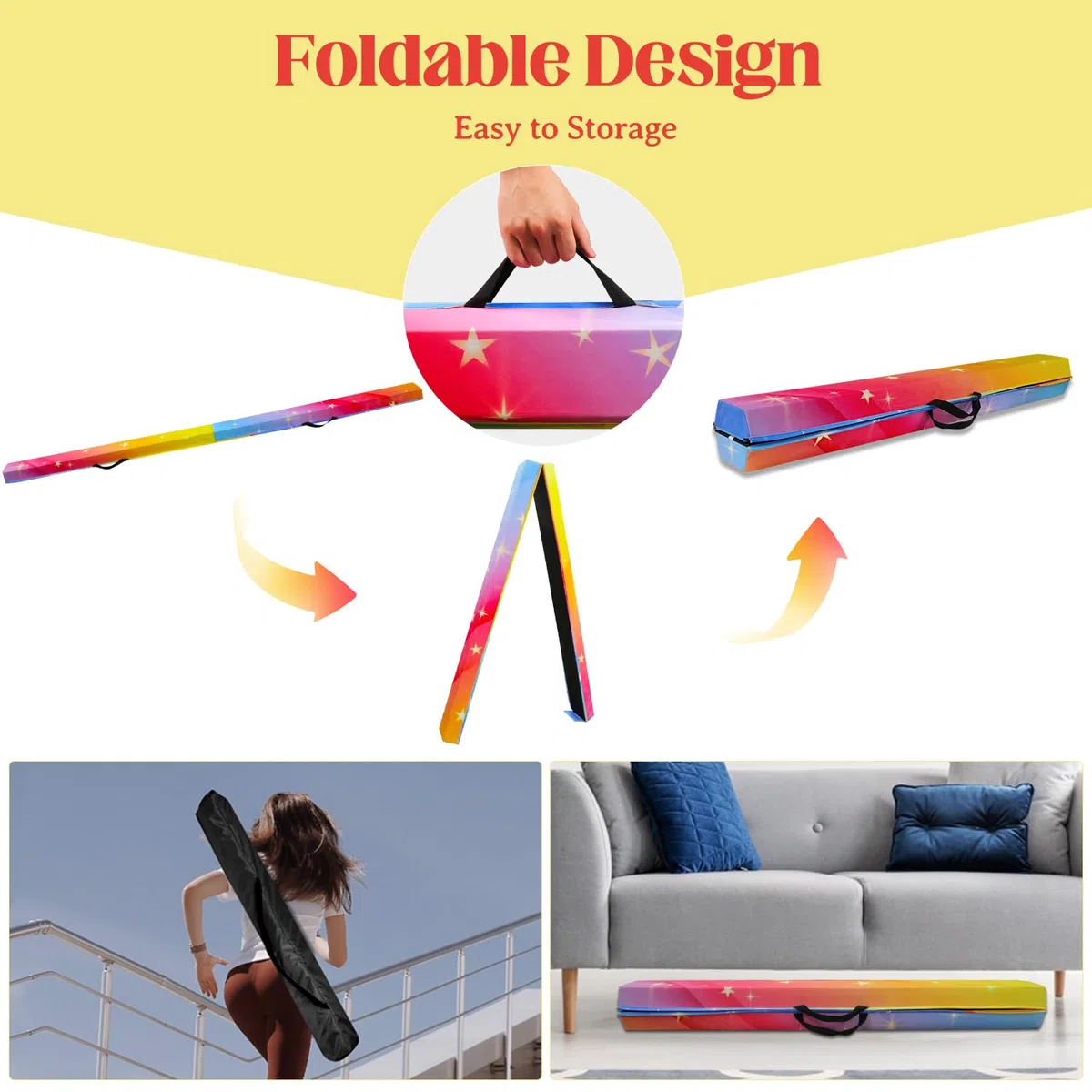 Trave Ginnastica Artistica per Casa 300/270/240 cm, SportBob Trave Pieghevole Ginnastica Portatile per Allenamento, Trave Equilibrio con Base In Gomma Antiscivolo per Bambini, Principianti e Ginnasti Professionisti