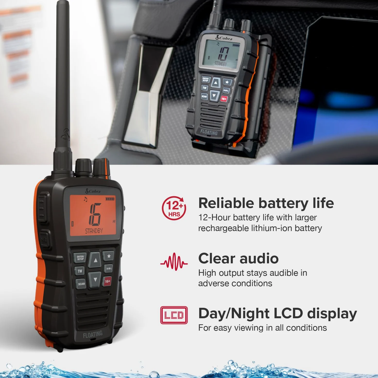 Cobra BlueBound 350 - Radio VHF marina portatile galleggiante da 6 Watt, galleggiante n' Flash, impermeabile IPX7, sommergibile, display LCD giorno/notte, scansione di memoria, Tri-Watch, nero