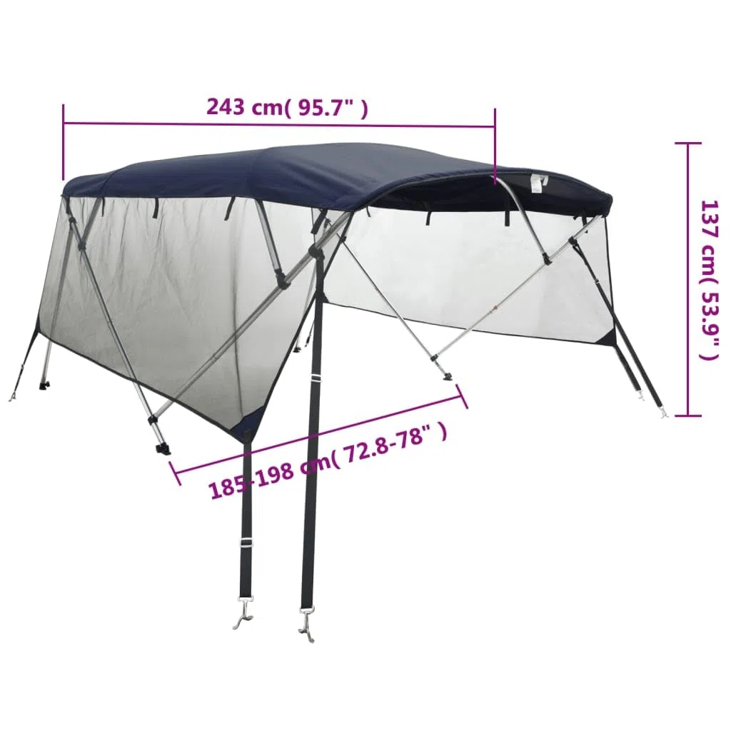 vidaXL Bimini di Prua Pareti Laterali Rete 4 Archi 243x(185-198)x137cm, bimini per imbarcazione, tendalino per barca, copertura per imbarcazione