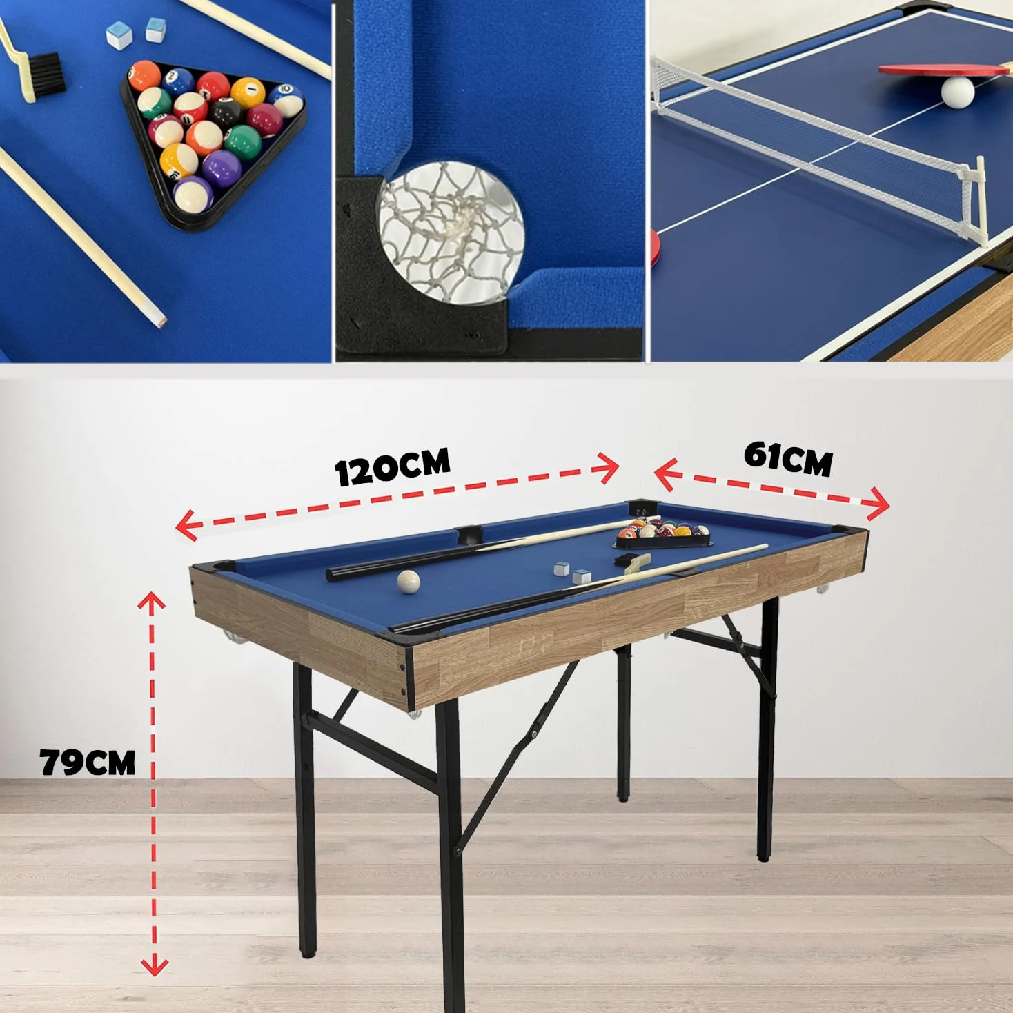 Tavolo Multigioco, Gioco Multifunzione 4 in 1 Tavolo da biliardo pieghevole, biliardo, hockey, ping pong, bowling, shuffleboard e tris con tutti gli accessori(1.2m)