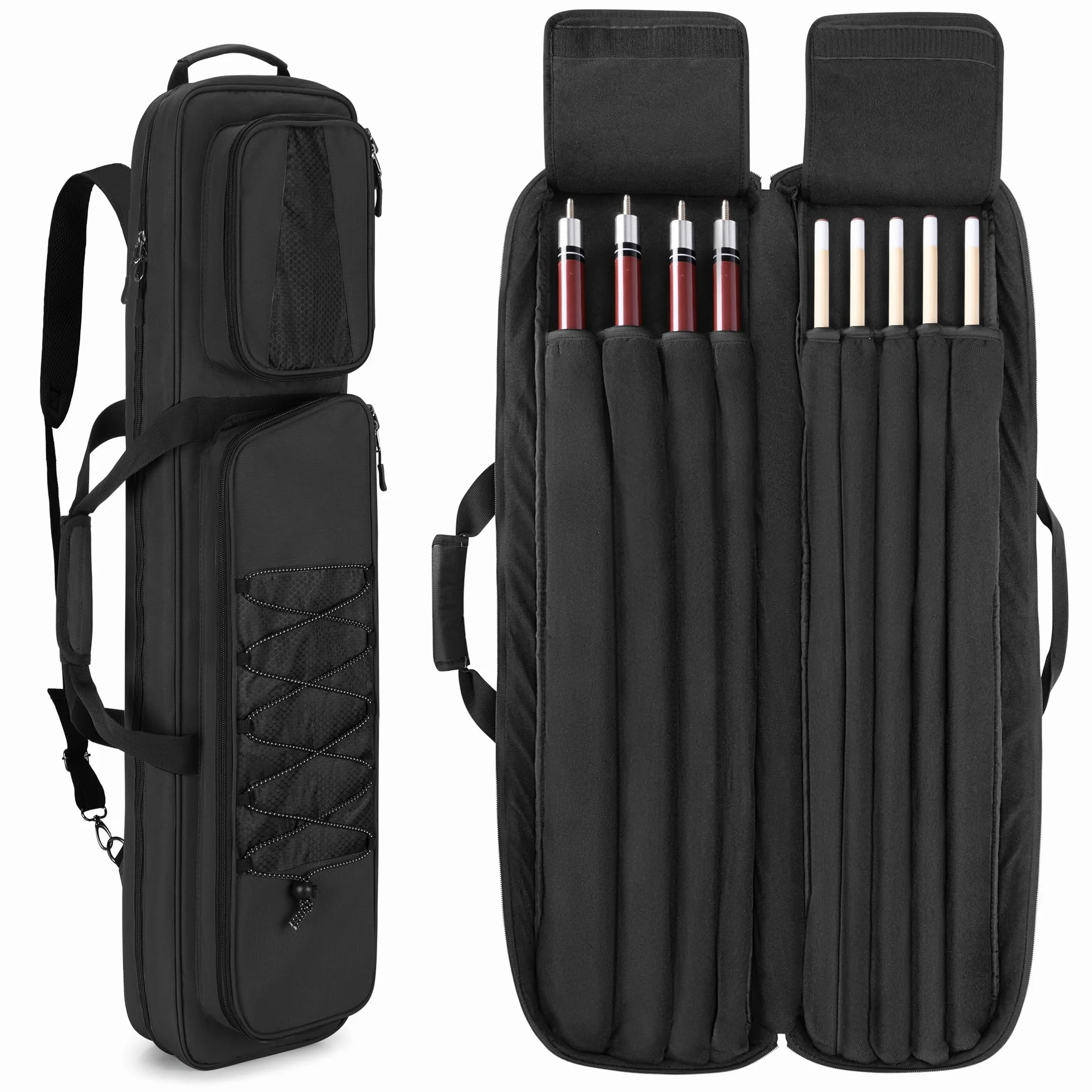 GOBUROS 4x5 Valigetta per stecca da biliardo, per 4 pistoni e 6 steli, custodia morbida con grande tasca per accessori anteriore e tracolla, Nero