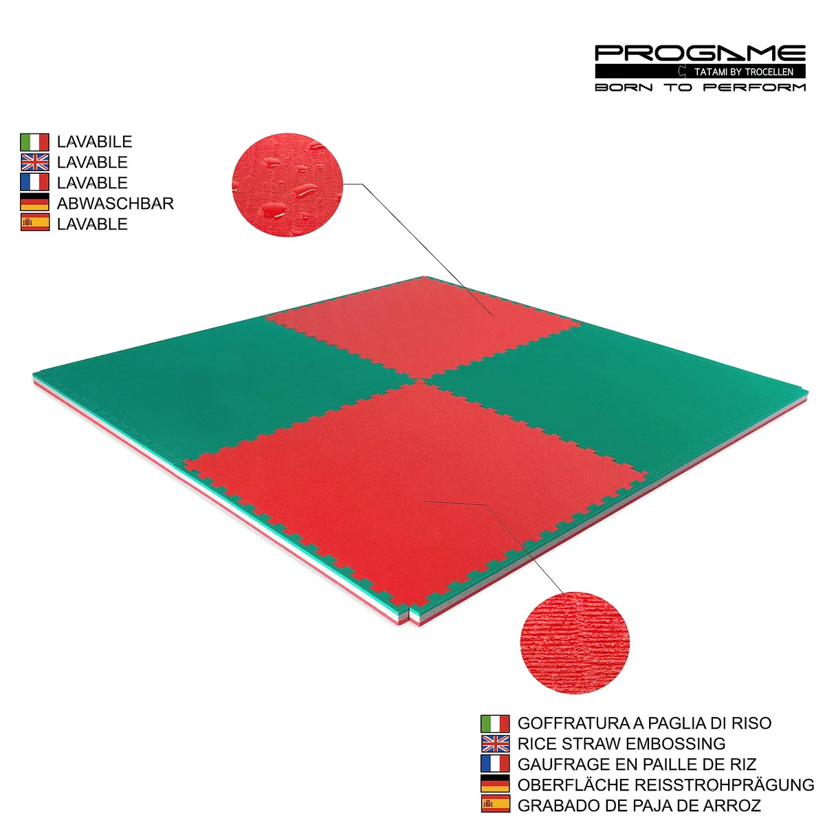 PROGAME Kit 4 pezzi Tatami Palestra 100x100x4 cm [Superficie Totale 200x200 cm] Performance PLUS Home Verde/Rosso. Tappeto Arti Marziali Professionale