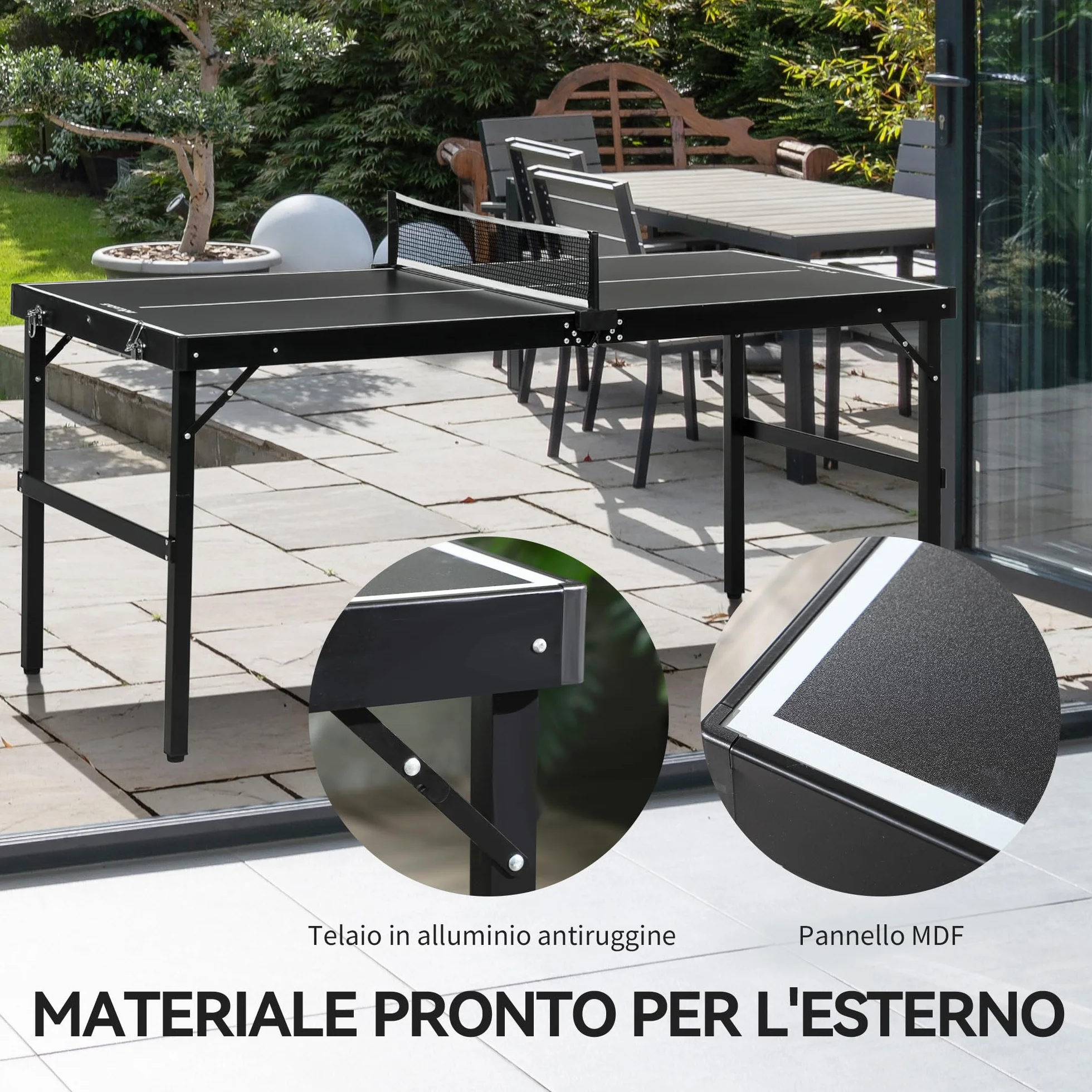 SPORTNOW Tavolo Ping Pong Pieghevole con Rete da Gioco e Maniglia da Trasporto, Tavolo da Ping Pong in Alluminio e MDF, 152x76x72 cm, Nero