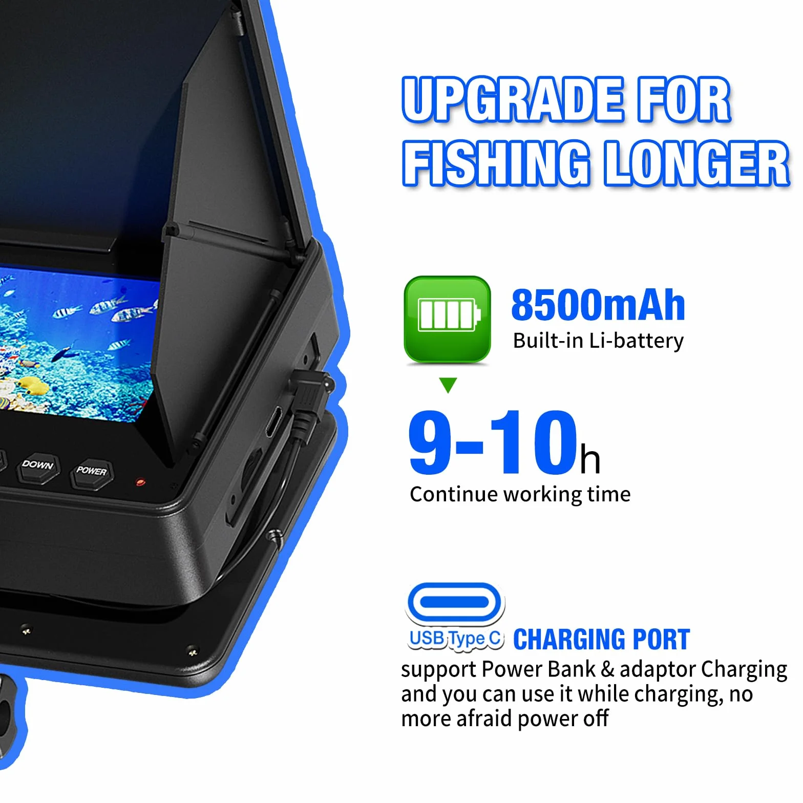 Fishfinder con Monitor 4.3" IPS, Telecamera Subacquea per Pesca con Batteria 8500mAh, HD 1200TVL Fotocamera Subacquea con Visione Notturna per Pesca su Ghiaccio, Lago e Mare