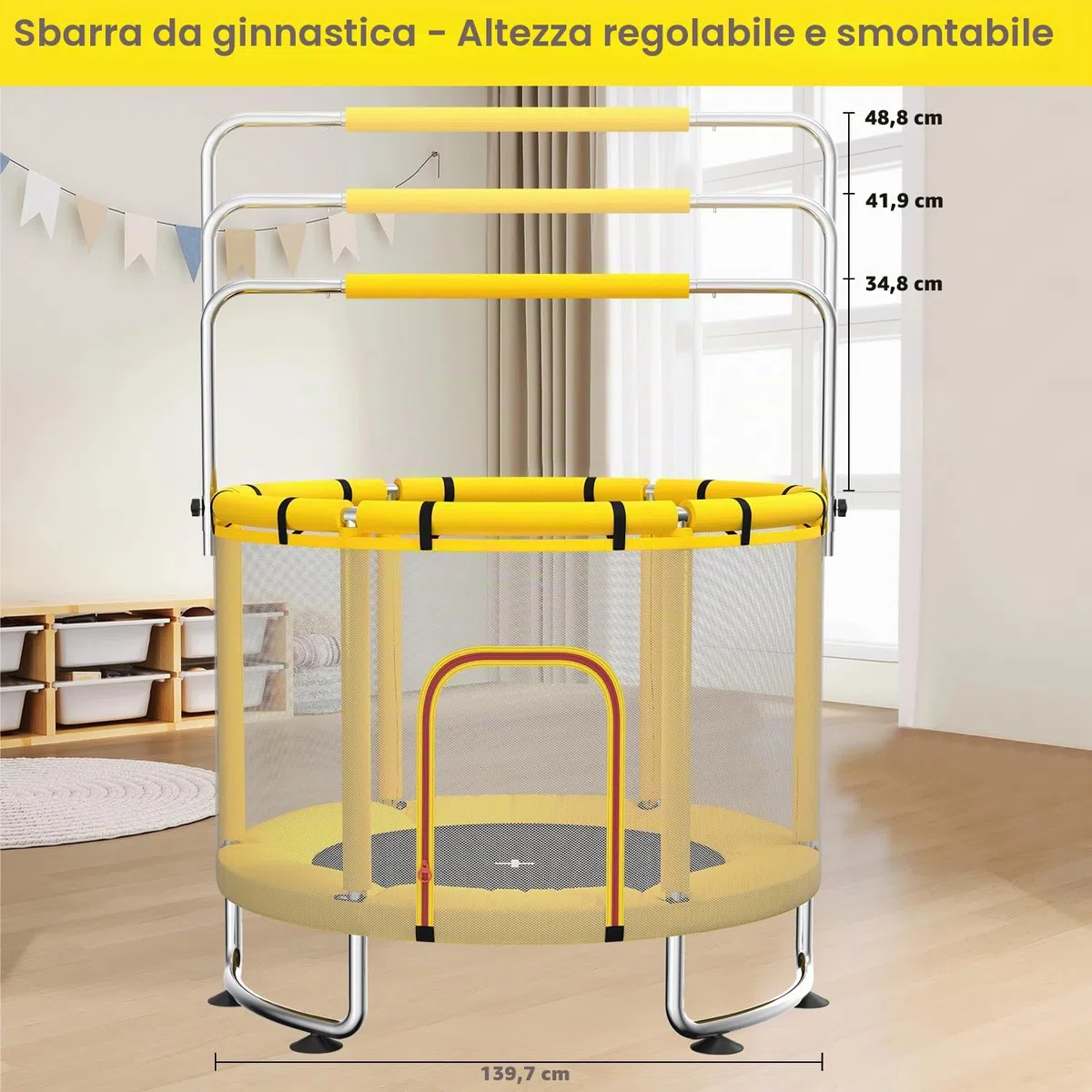 Trampolino per bambini da 140 cm per interni/esterni, capacità di carico 50 kg, con rete di sicurezza, barra da ginnastica regolabile e canestro da basket, regalo per bambini e bambine