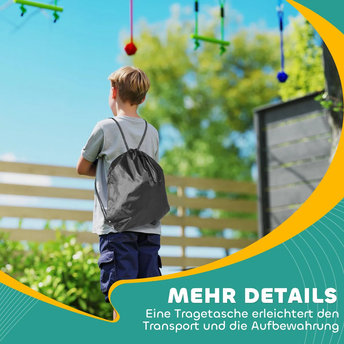 AIYAPLAY Ninja Line - Set Slackline per bambini, 10 m, con anelli da ginnastica, altalena, scaletta per arrampicate, protezione per alberi, aste da arrampicata, vassoio sospeso, set da gioco per