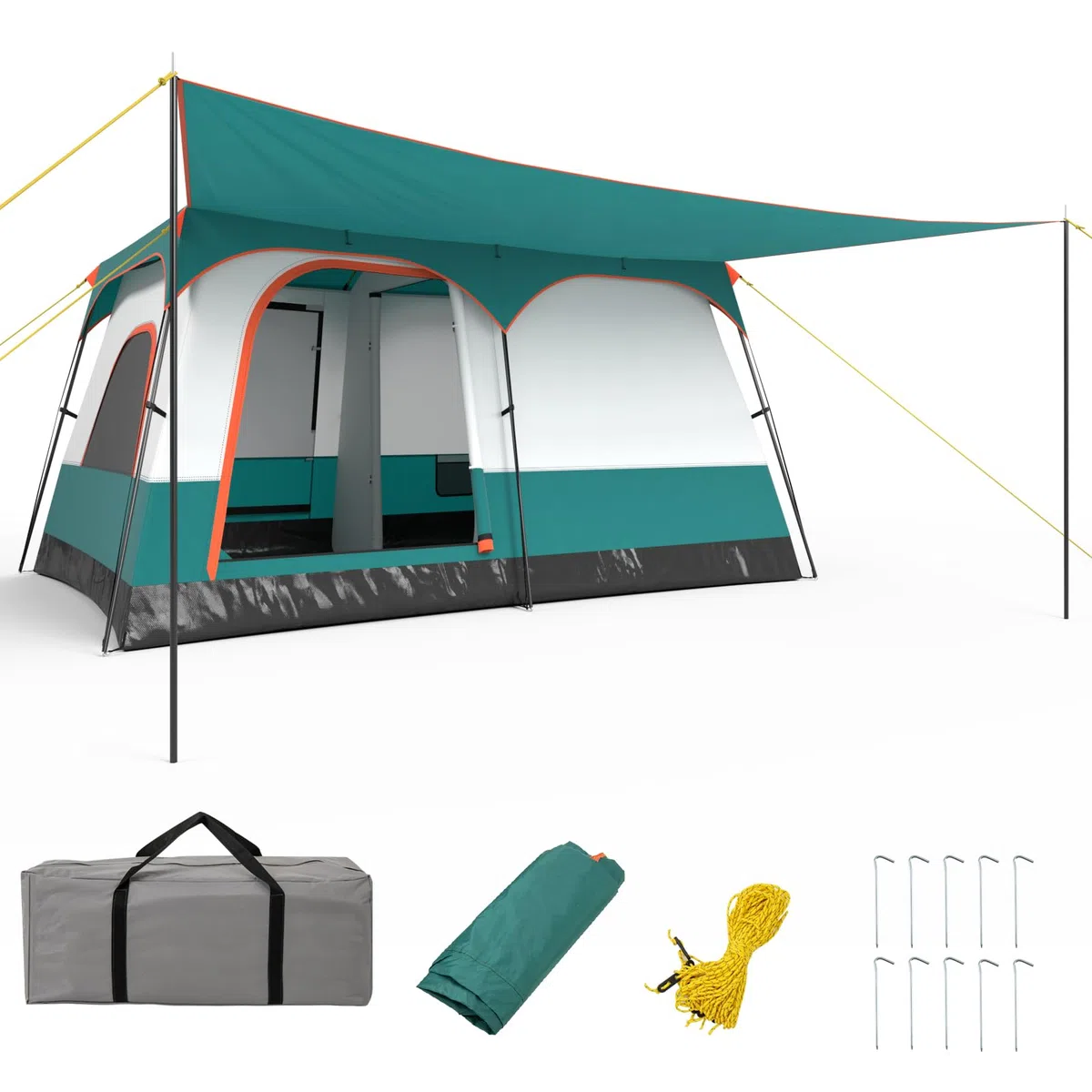 COSTWAY Tenda da Campeggio per 6/8/10 Persone con Veranda, Tenda Familiare con 2 Stanza, 2 Porte, 2 Finestre e Tetto Trasparente,Tendone Impermeabile e Facile da Installare