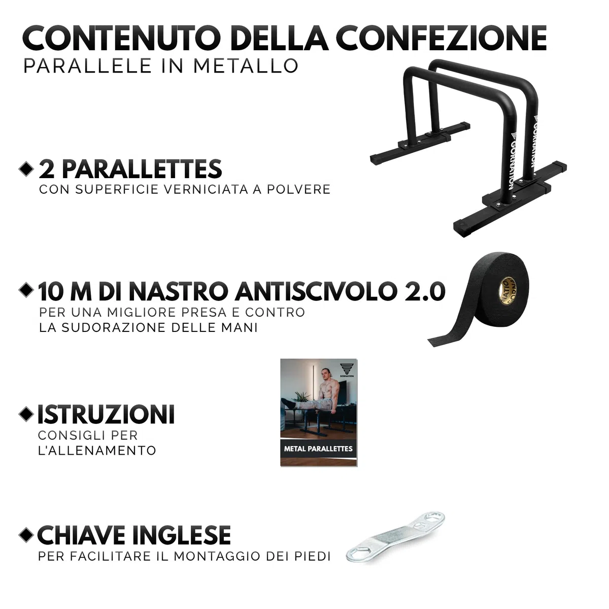 GORNATION Parallettes Alte in Metallo, Barre Parallele per Calisthenics con Impugnature Antiscivolo per Push Ups, Dips, L-Sits, Palestra e Allenamento Outdoor, Push Up Bars incl. Nastro per Grip