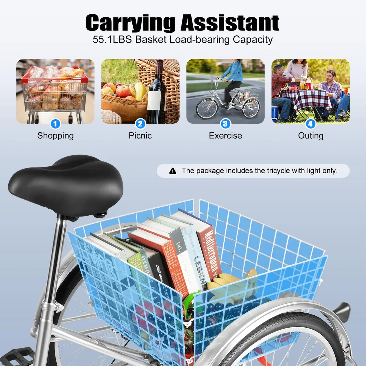 Triciclo per adulti, 24 pollici, 3 ruote per adulti, Shimano 6 marce Cruise Trike Cargo Bike con cestino, bicicletta per sport all'aria aperta e shopping