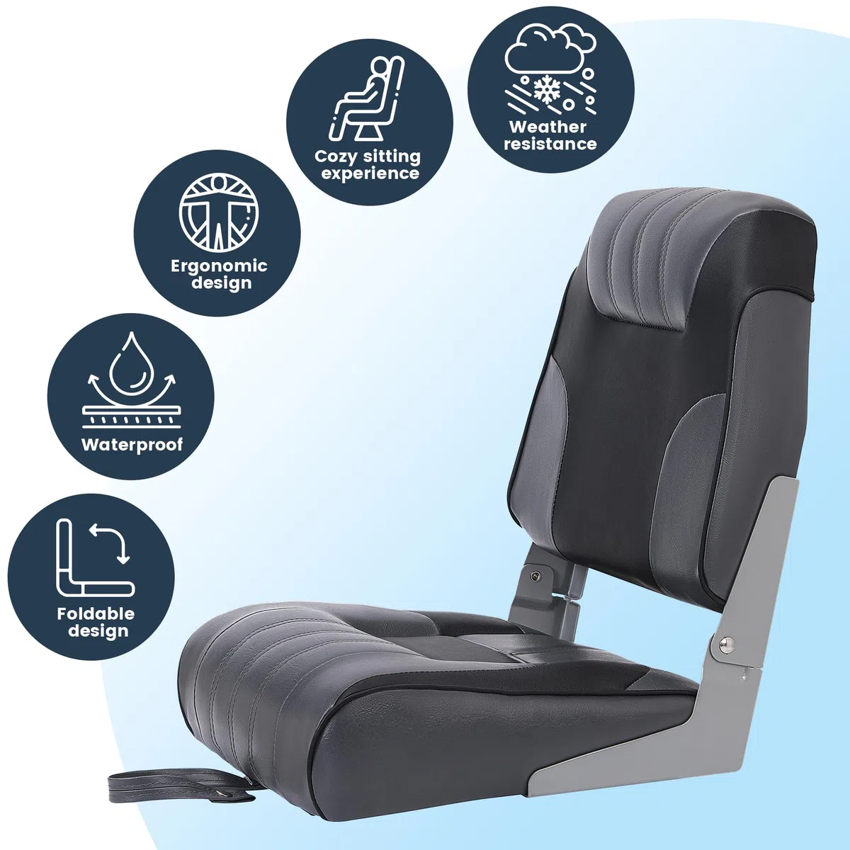 Set di 2 sedili pieghevoli per barca – Schienale basso – Imbottitura spessa e impermeabile – Facile montaggio – Perfetti per pesca, gite, motoscafi – Con viti in acciaio inox – Nero e grigio