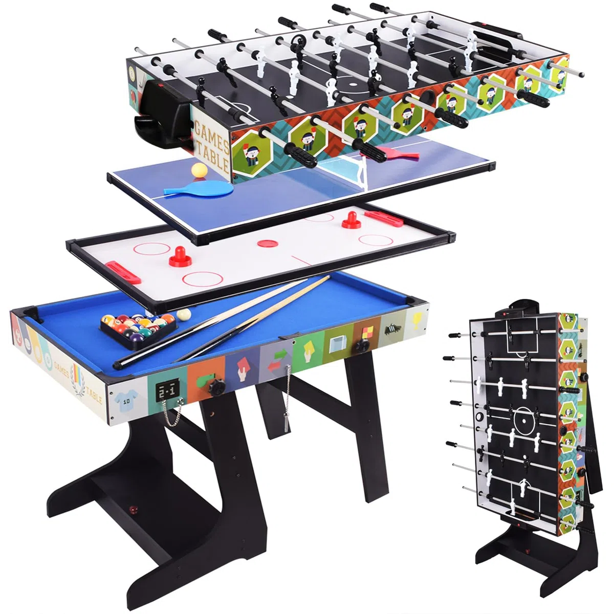 Tavolo da Gioco Pieghevole 4 in 1 Muliti: Biliardo/Snooker, Calcio, Ping Pong, Hockey ad Aria Con Scatola Portaoggetti, 1,2 m