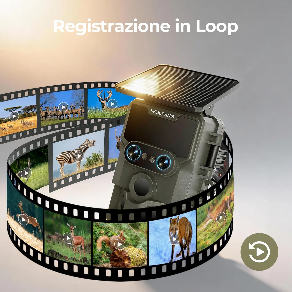 WOLFANG Fototrappola Solare 64MP 4K 30fps, Doppia Lente Wi-fi Bluetooth Fotocamera Caccia con Visione Votturna Stellata, 5000mAh Angolo di Rilevamento 120° Impermeabile IP66