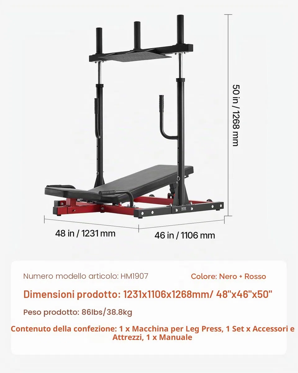 VEVOR Macchina per Pressa per Gambe Verticale, Attrezzatura Regolabile per Allenamento con Pressa per Gambe in Acciaio al Carbonio, per Palestra Domestica Capacità di 249,5 kg Nero Rosso