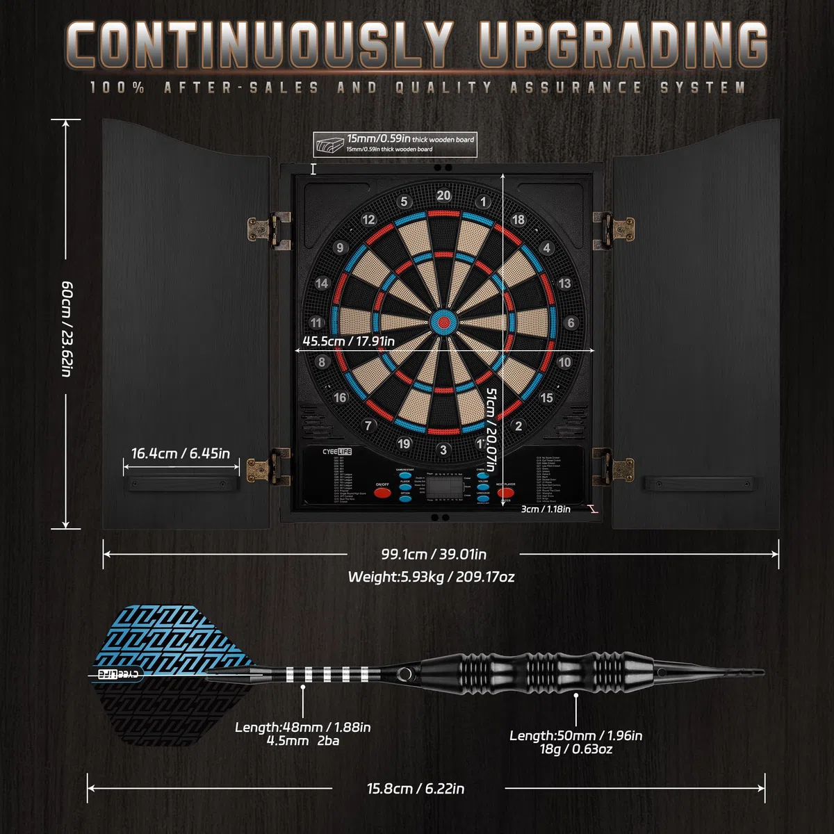 CyeeLife Bersaglio per Freccette Elettronico con Cabinet in Legno, Dartboard Elettronico, Bersaglio con 34 Giochi e 355 Varianti, Modalità per 8 Giocatori, Display LED