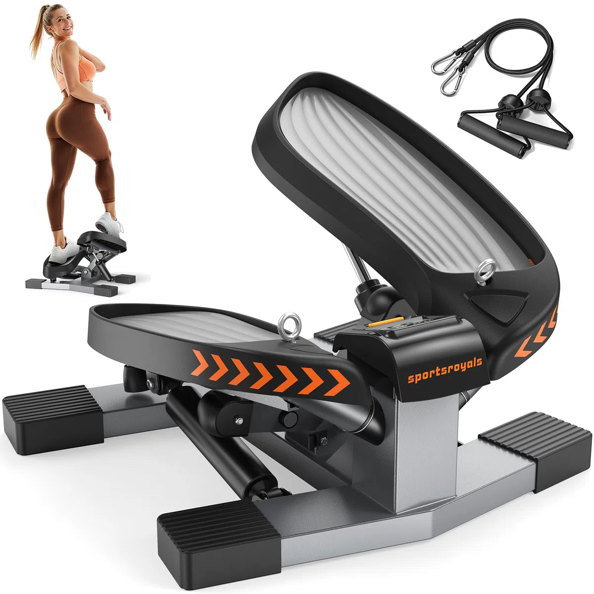 Sportsroyals Stepper Fitness 3in1 | Mini Stepper Fitness Casa con Bande di Resistenza + Monitor LCD, 150 kg