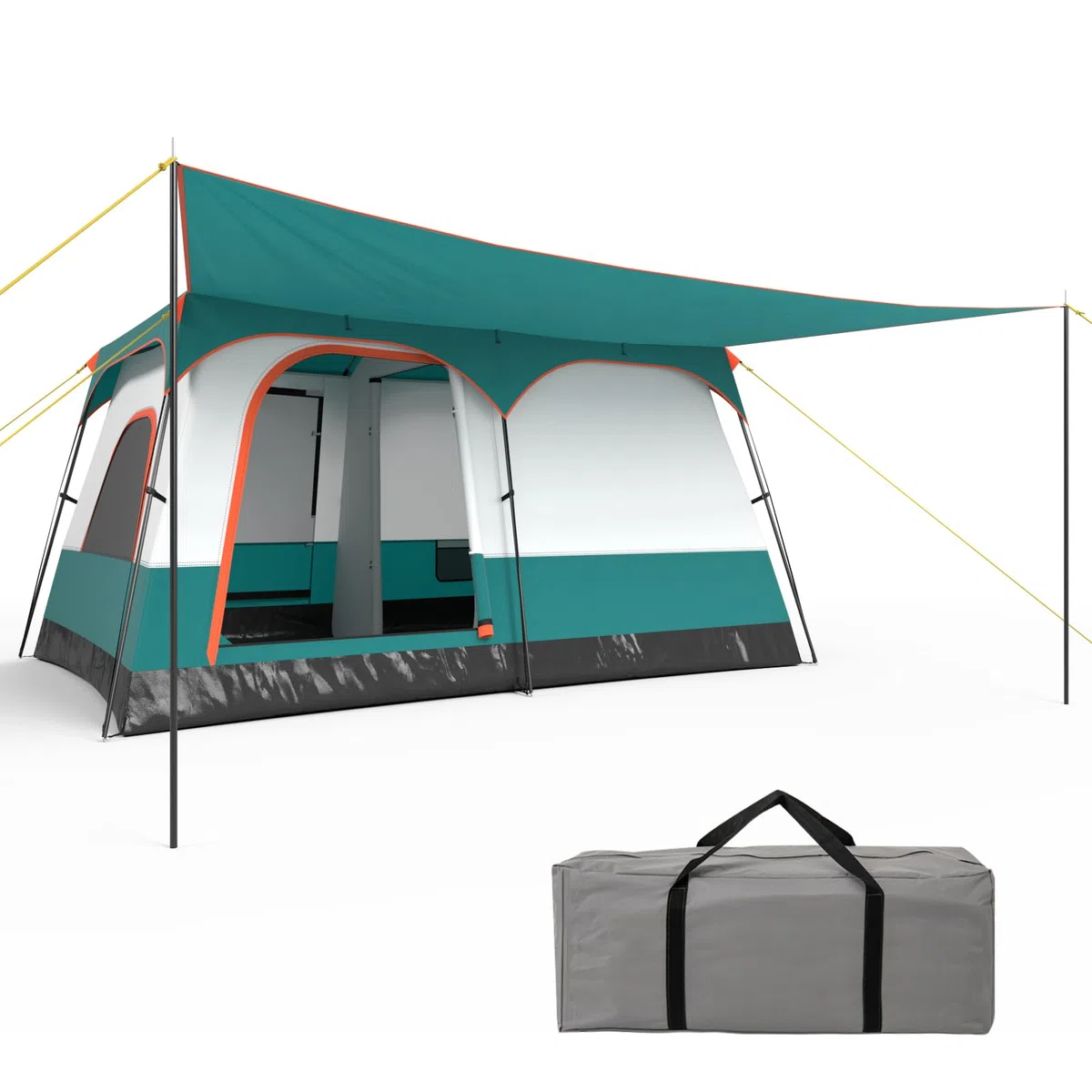 HOMASIS Tenda Campeggio con Portico e 2 Camere, Tenda Familiare da Esterno con 2 Finestre e 2 Porte, Gancio per Appendere la Lampada, Tasca Portaoggetti, Borsa da Trasporto, Grigio e Verde