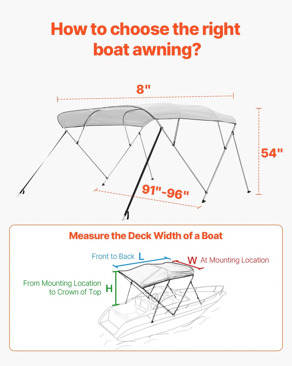VEVOR Tendalino per Barca a 4 Archi Regolabile 243 x 137 x 231-244 cm, Tenda Parasole Telaio in Lega di Alluminio Tela di Poliestere 900D, Tendalino Tettoia Parasole Pieghevole per Barca a Vela Grigio