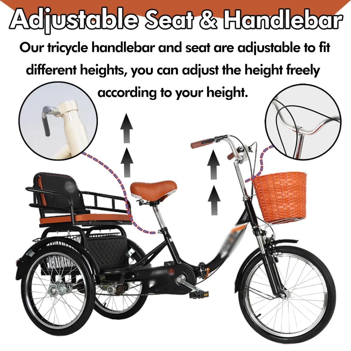 Adulti Tricicli for adulti Bicicletta da crociera leggera a tre ruote, triciclo per adulti a due posti, bici a tre ruote per il trasporto di passeggeri e merci, bici da viaggio per genitori(Beige)