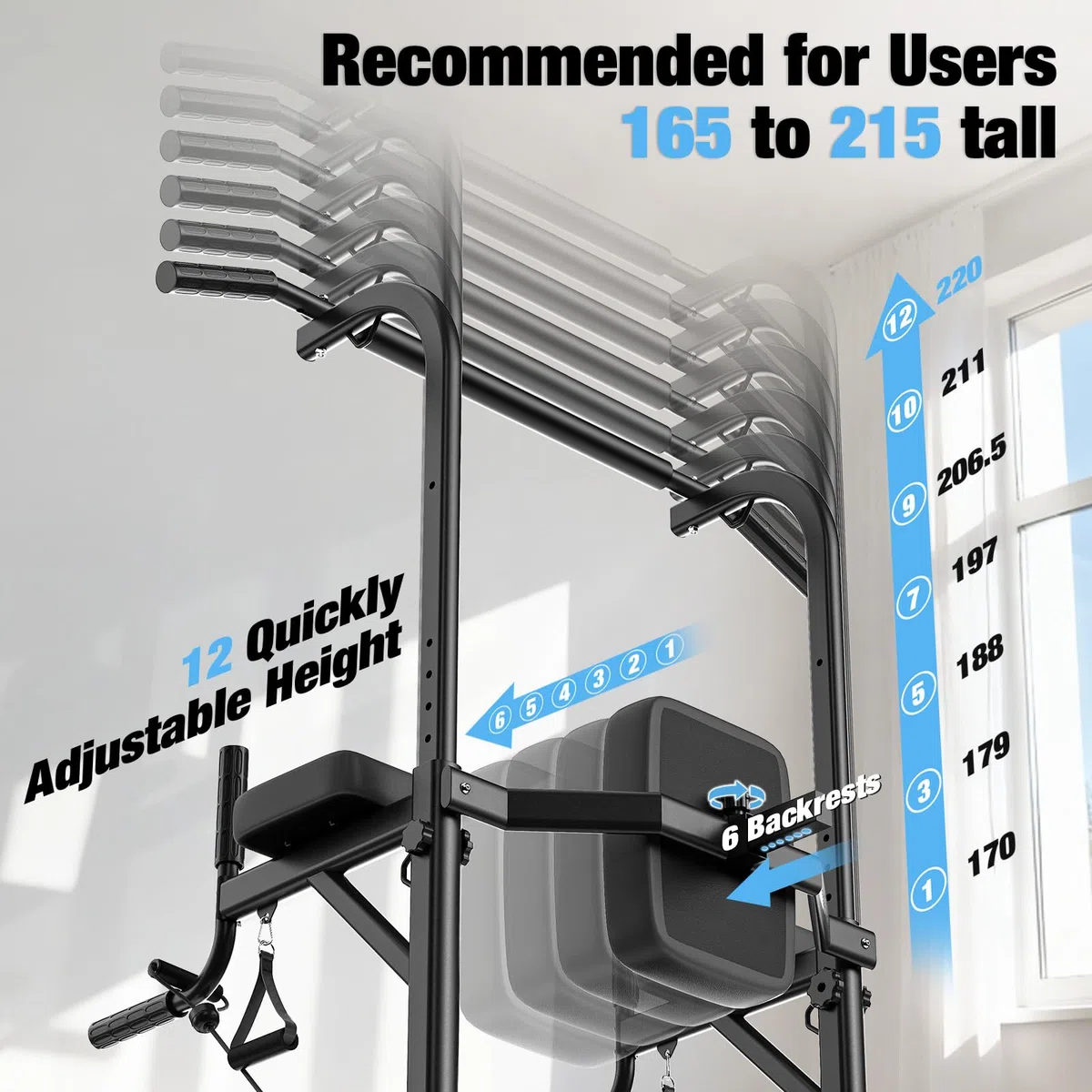 Dskeuzeew Power Tower Dip Station, stazione di forza fitness con barra per trazioni, torre di potenza multifunzionale per allenamento a casa in palestra, carico 150 kg, nero