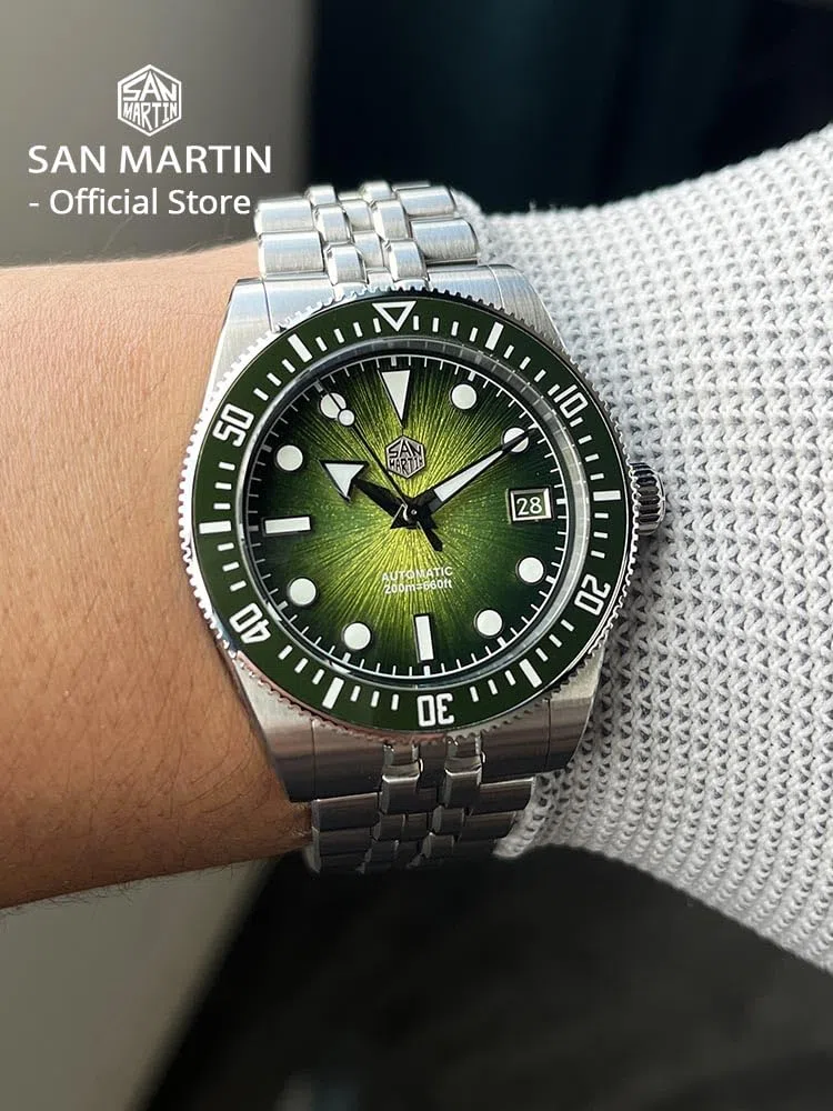 Orologio da immersione automatico San Martin, quadrante verde, acciaio inossidabile 316L, cassa 37,5 mm, movimento 9015 resistente all'acqua 200 m, modello SN0148-GX
