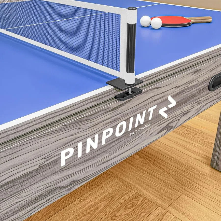 PINPOINT Tavolo da gioco 4 in 1 – biliardo, air hockey, ping pong e giochi da tavolo – Tavolo da interno da 2,1 m con accessori inclusi – Finitura in legno grigio Driftwood per sale giochi e famiglia