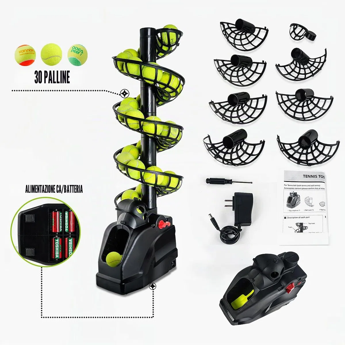 Allenamento Tennis(può Contenere 30 Palline) TennisTrainer,Macchina da Tennis Adatto a Principianti/Bambini/Allenatore/Cortile e Campo,AC/Batteria&Cavo USB