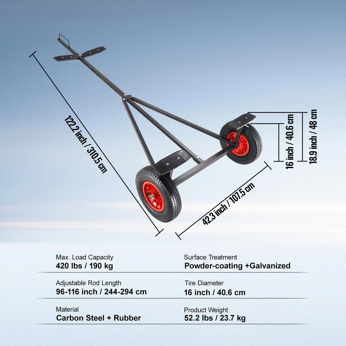 VEVOR Carrello per Rimorchio Barche Manuale Capacità Carico Max. 190kg Ruote in Gomma Diametro 40,6cm per Rimorchio di Barche, Carrello Rimorchio in Acciaio al Carbonio Lunghezza Regolabile 244-294cm
