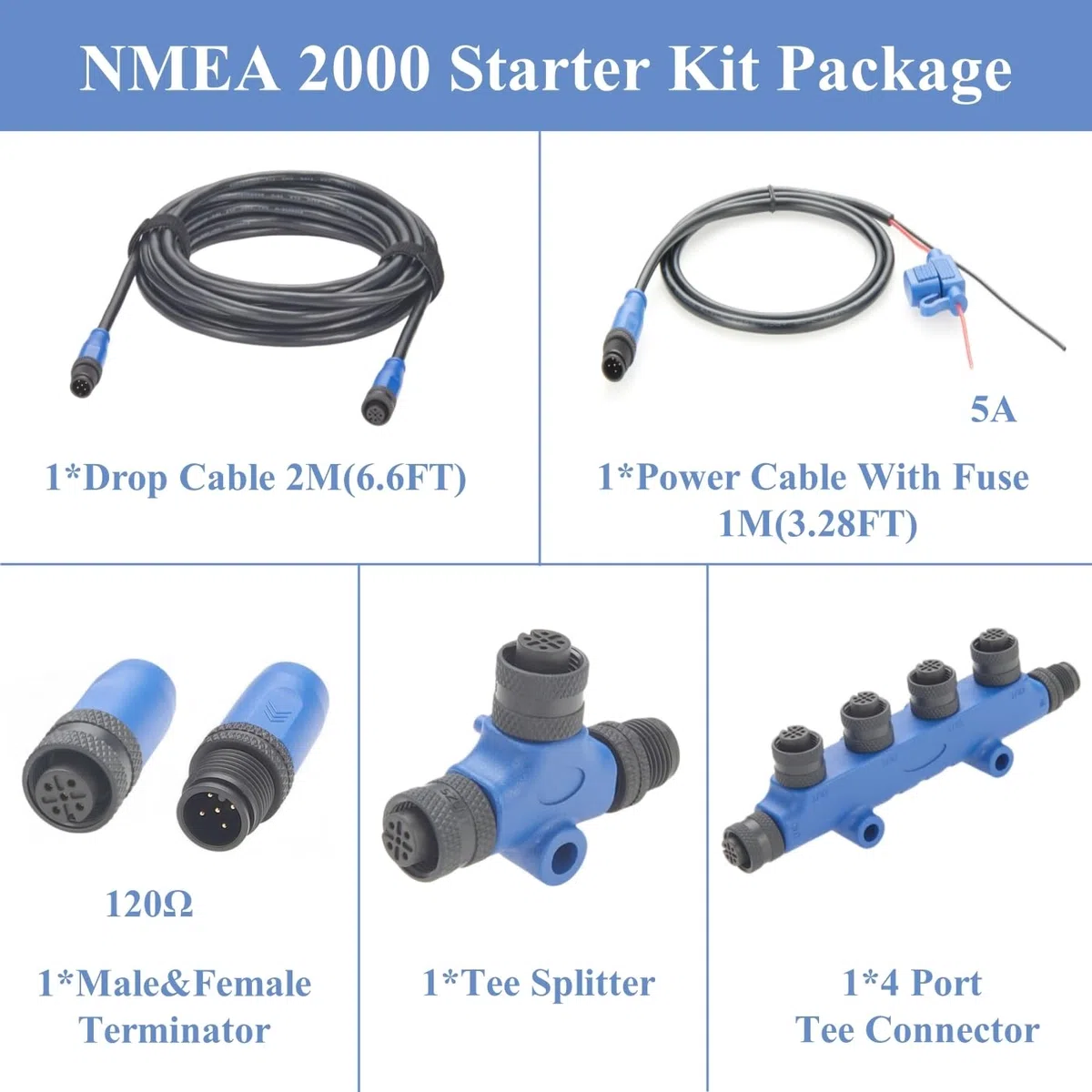 NMEA 2000 N2K Starter Kit, Marine Grade Backbone Drop Cable, connettore T, 4 porte, terminatori, cavo di alimentazione con fusibile per Lowrance, Simrad, Garmin (kit 2)