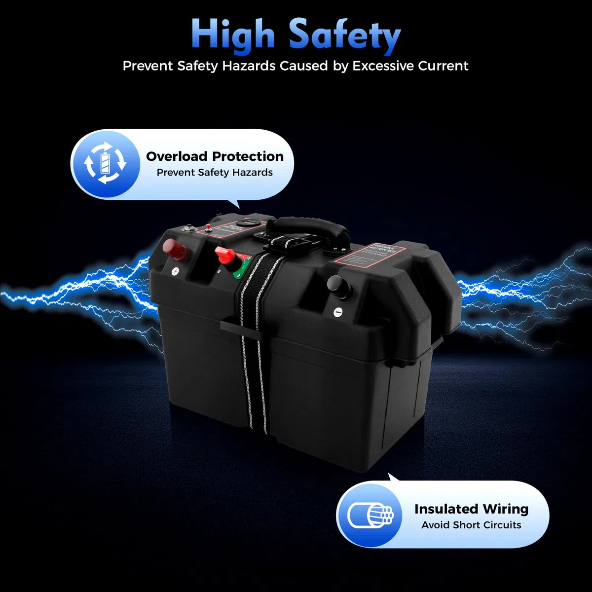 Scatola per batteria, motore elettrico multifunzione, gonfiabile, per esterni, con 2 porte USB, indicatore di tensione LED, protezione da sovraccarico per campeggio, auto, barca (nero)