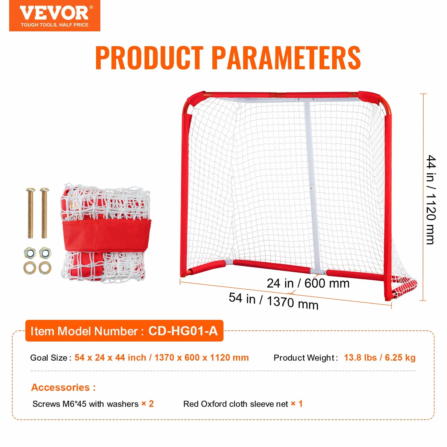 VEVOR Rete di Hockey per Strada, Porta da Hockey in Acciaio Interni Esterni, per Ragazzi Street, Roller per Bambini Allenamento, Set di Porte da per Hockey Junior, 137x112 cm, Bianco e Rosso