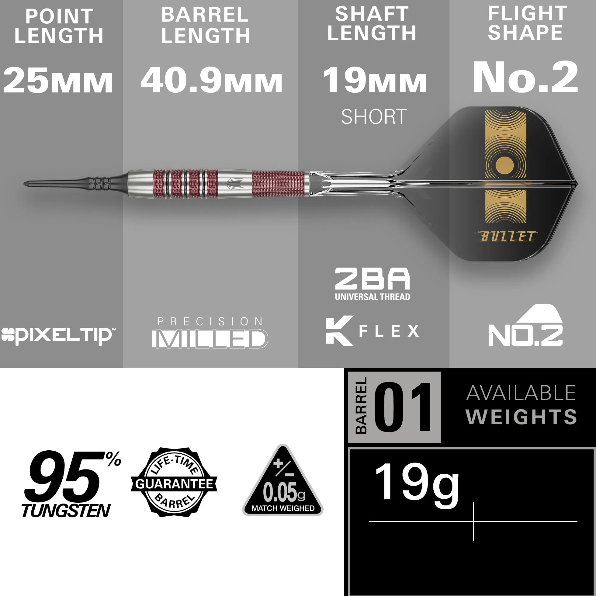 Target Darts Stephen Bunting 95K Set di Freccette a Punta Morbida, 19G | Alette e aste Kflex, The Bullet Player Edition Freccette al 95% di Tungsteno, Punta in Acciaio Nano Swiss Conversion Points