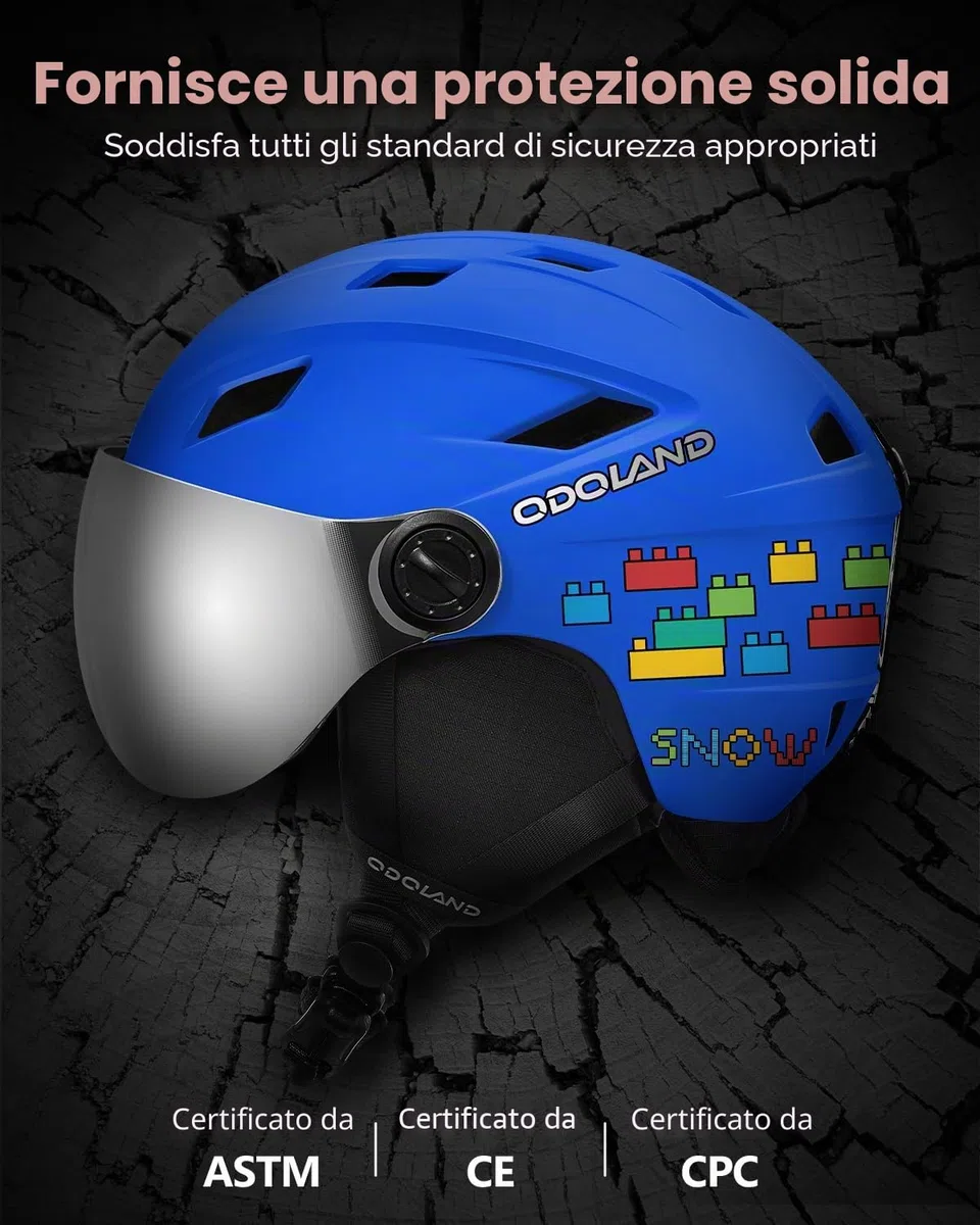 Odoland Casco da Sci per Bambini con Visiera per Ragazzi e Ragazze, Casco da Sci Regolabile con Cinturino con Fibbia Magnetica per Bambini dai 3 ai 12 Anni