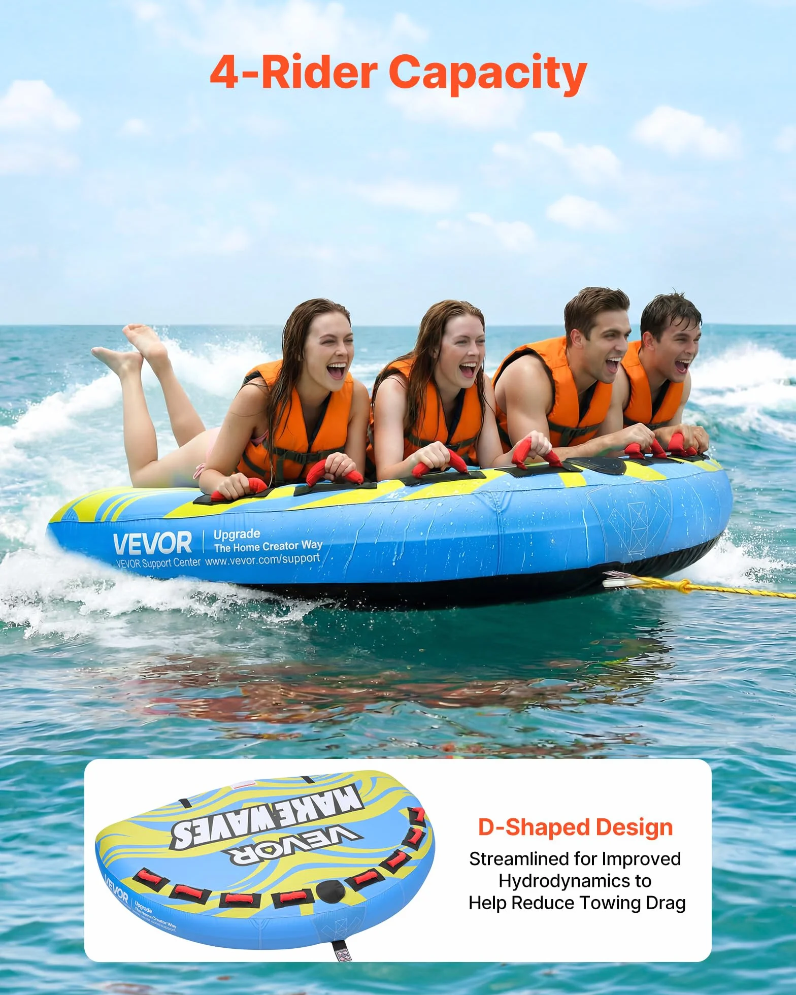 VEVOR Tubo Gommone Gonfiabile Trainabile per Barche da Mare, Tubo Trainabile Capienza ca. 4 Persone Carico Max 308 kg, Gommone per Barche Giochi Acquatici Divertimento, Copertura in Nylon, Blu