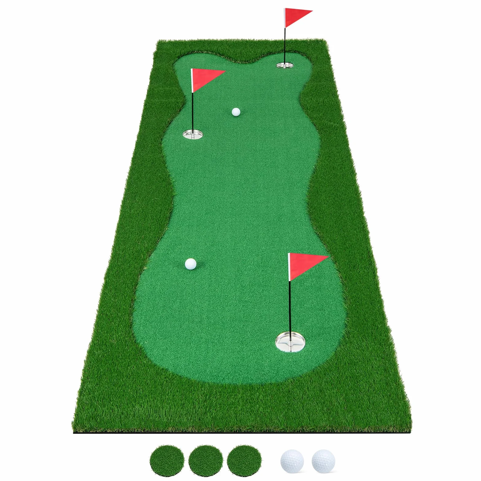 COSTWAY Tappetino da Golf Professionale, Campo da Golf con Erba Artificiale Realistica, 3 Buche, 3 Bandierine e Tazze per l'Allenamento Interno ed Esterno, 300 x 100 CM