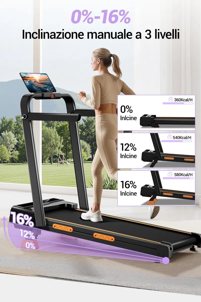 CURSOR Tapis Roulant con Inclinazione 16%, Tapis Roulant Salvaspazio Elettrico 1-10KM/H, Walking Pad con Motore Silenzioso da 3.0 HP e Tripla Ammortizzazione