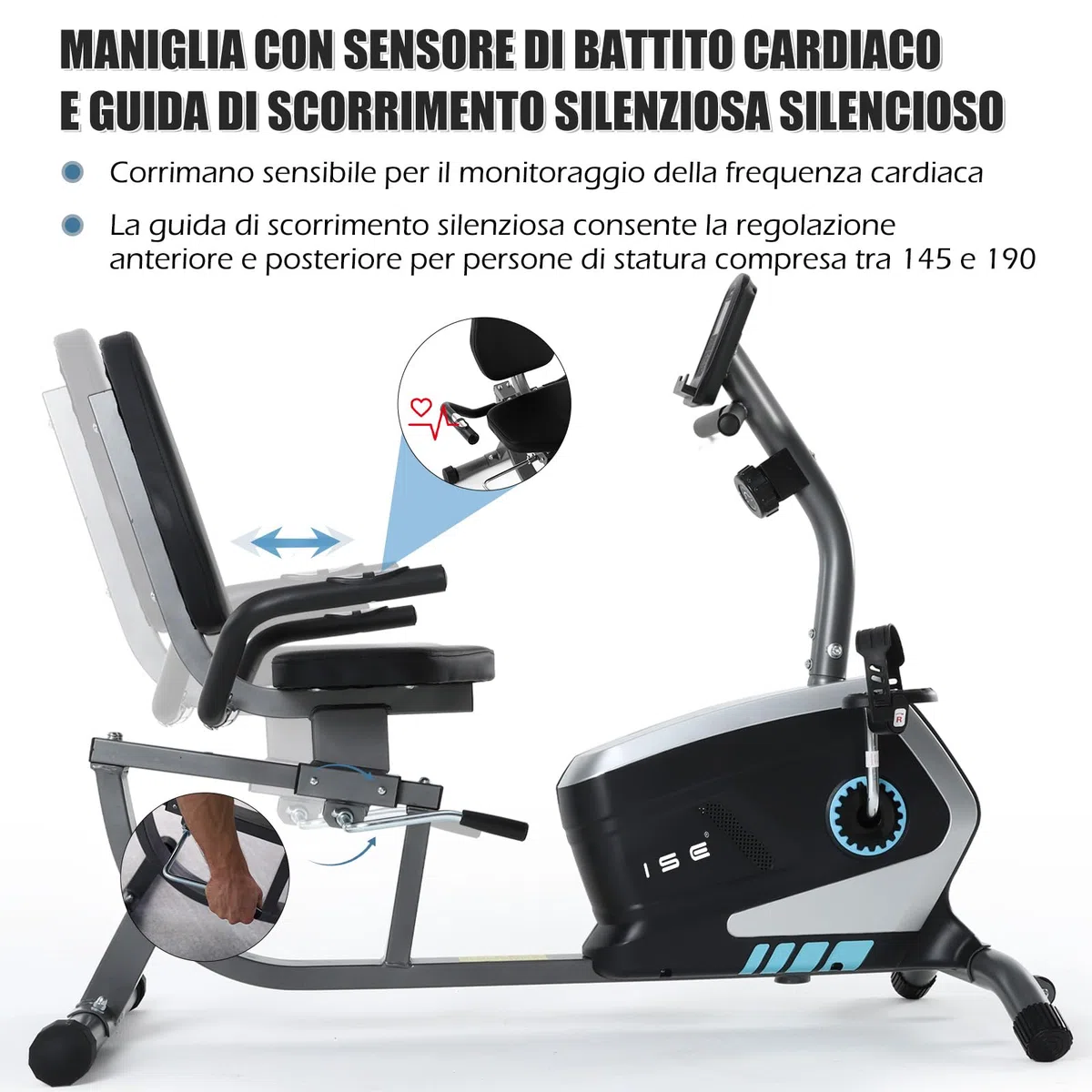 ISE Cyclette da Seduta Magnetica con Schienale, Cyclette Orizzontale da Casa con Resistenza Regolabile Schermo LCD Supporto per Smartphone