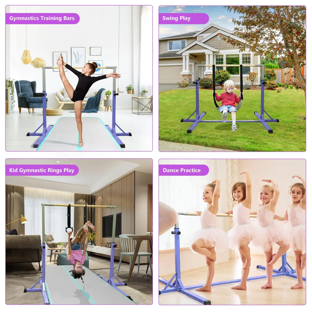 FBSPORT Barra da Ginnastica per Bambini con 13 Altezze Regolabili,Sbarra di Ginnastica per Bambini Barra Ginnastica Orizzontali Artistica Palestra Danza per Bambini e Bambine e Portatile Viola