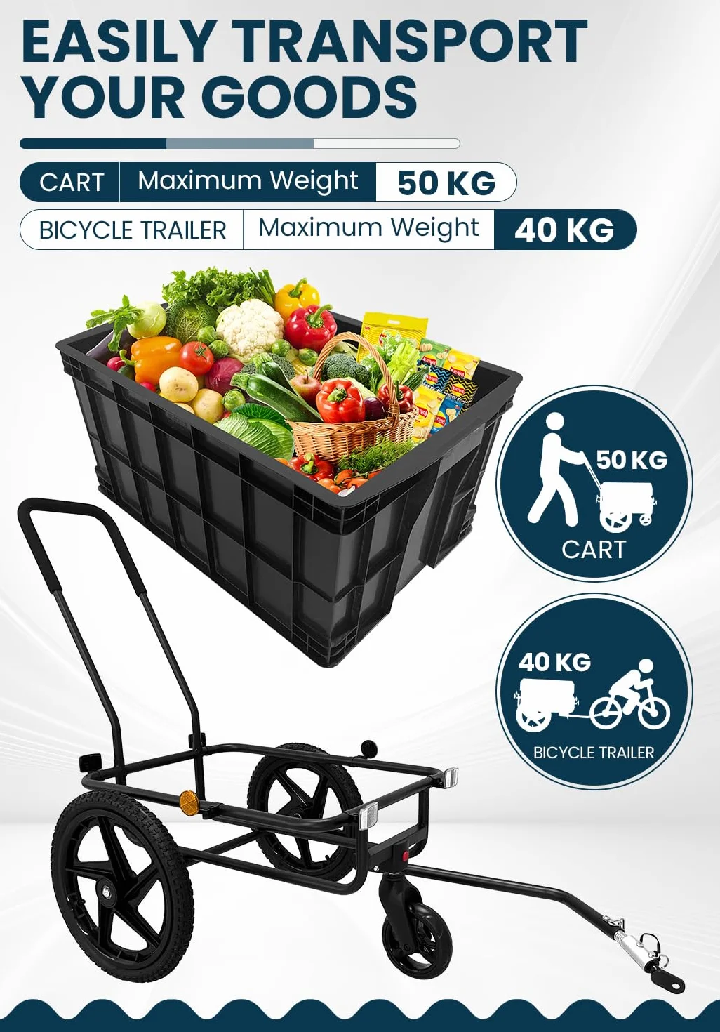 SEPNINE 2 in 1 Rimorchio per biciclette, Rimorchio per carico, Carrello a mano con manico di spinta, Telaio in ferro, Pneumatici da 40 cm, Capacità di carico di 40 kg