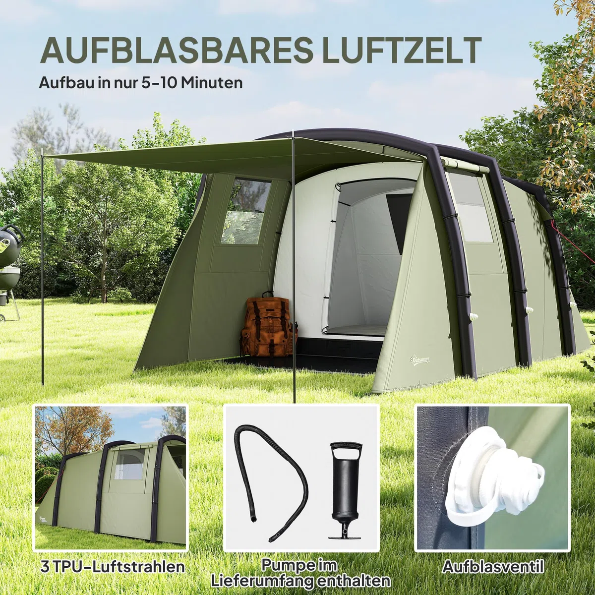 Outsunny Tenda gonfiabile per 3-6 persone - Tenda da campeggio per esterni con pompa ad aria UV50+ Tenda familiare antivento per 3 stagioni
