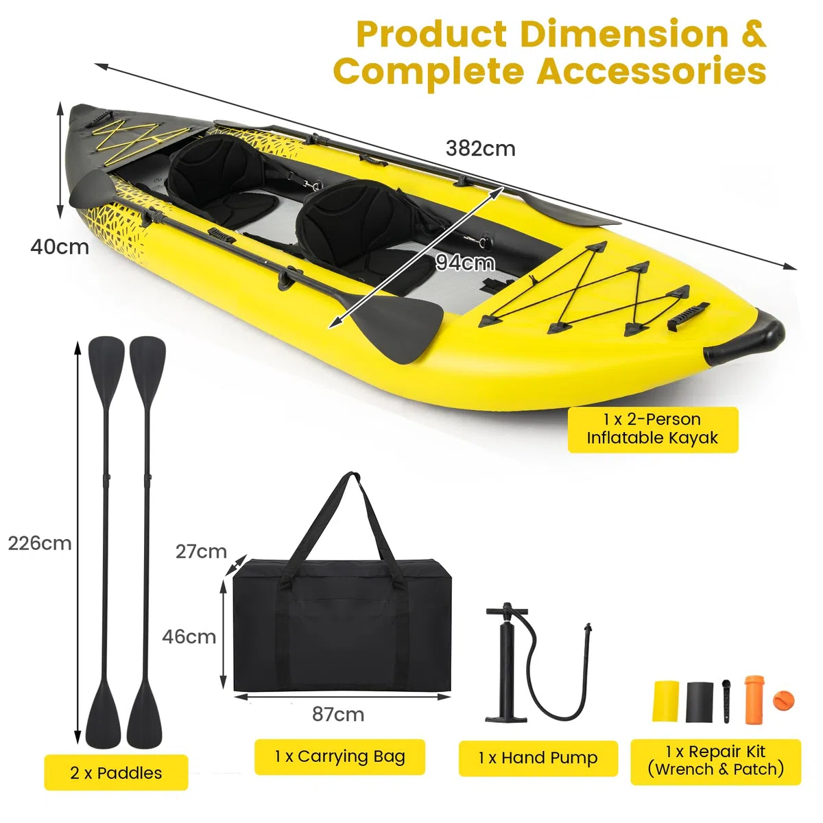 HOMASIS Kayak Gonfiabile 2 Posti in PVC, Canoa Gonfiabile con 2 Pagaie Regolabili, Borsa per il Trasporto, Pompa a Mano e Kit di Riparazione, Gommone Mare per Adulti, 382 x 94 x 40 cm