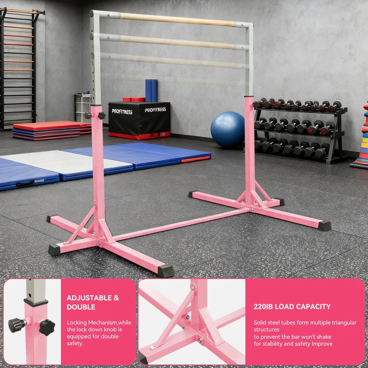 FBSPORT Trave Ginnastica Artistica per casa,Bar Orizzontale della Barra parallele Ginnastica per Bambini con Anelli ginnastici, 13 Attrezzature di Allenamento Regolabili in Altezza