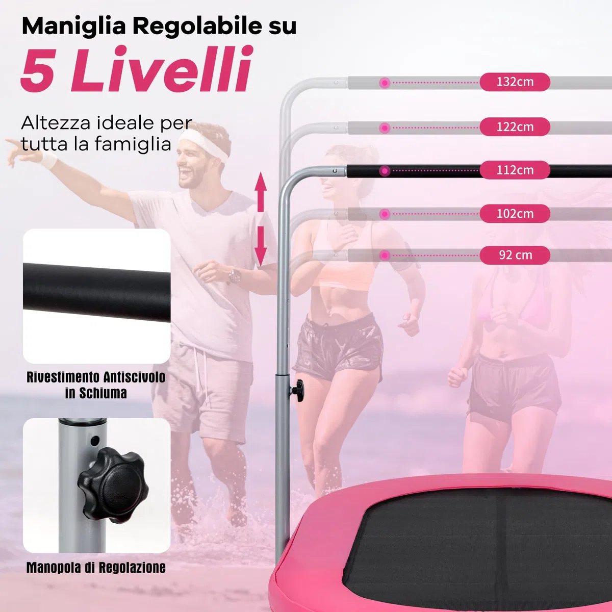 COSTWAY Trampolino Elastico da Interno ed Esterno, Tappetino Elastico Pieghevole per Adulti e Bambini con Maniglia Regolabile, Molle e Cuscinetto di Sicurezza, Trampolino Ovale per 2 Persone