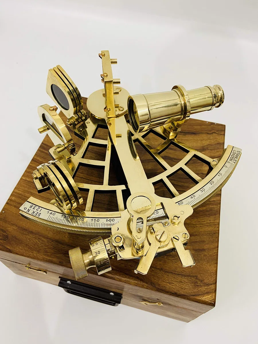 Sestante nautico in ottone da 23 cm fatto a mano e lucidato con scatola di legno | Sestante per navigazione | Vero sestante | Astrolabio nautico antico vintage collezionabile regalo