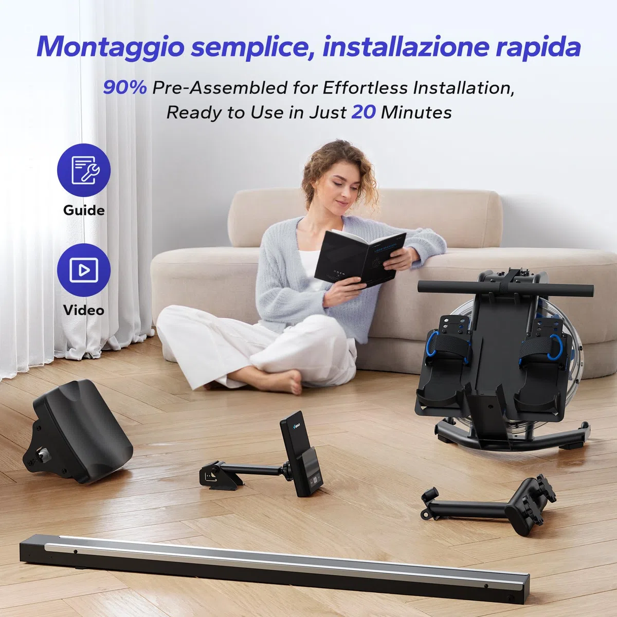 MERACH Vogatore ad acqua per casa, vogatore con resistenza all'acqua da 15 l, connettività Bluetooth e app, supporto per iPad, sedile ergonomico, conservazione verticale salvaspazio