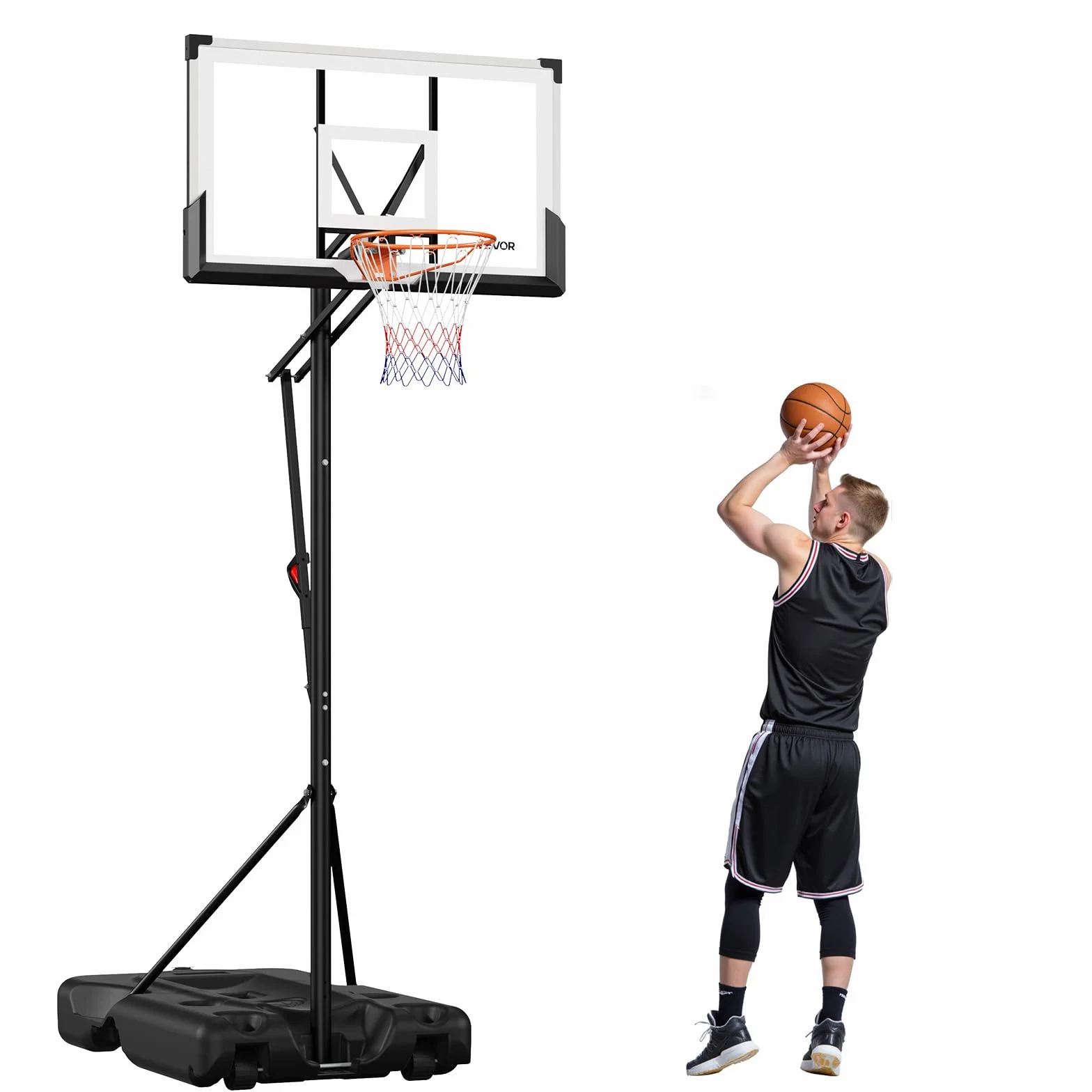 VEVOR Supporto da Basket Portatile Massimo 3,05 m Pallacanestro da Esterno con Piedistallo Regolabile in Altezza Design di Sollevamento, con Ruote e Tabellone PC da 1371,6 mm, per Cortili, Scuole