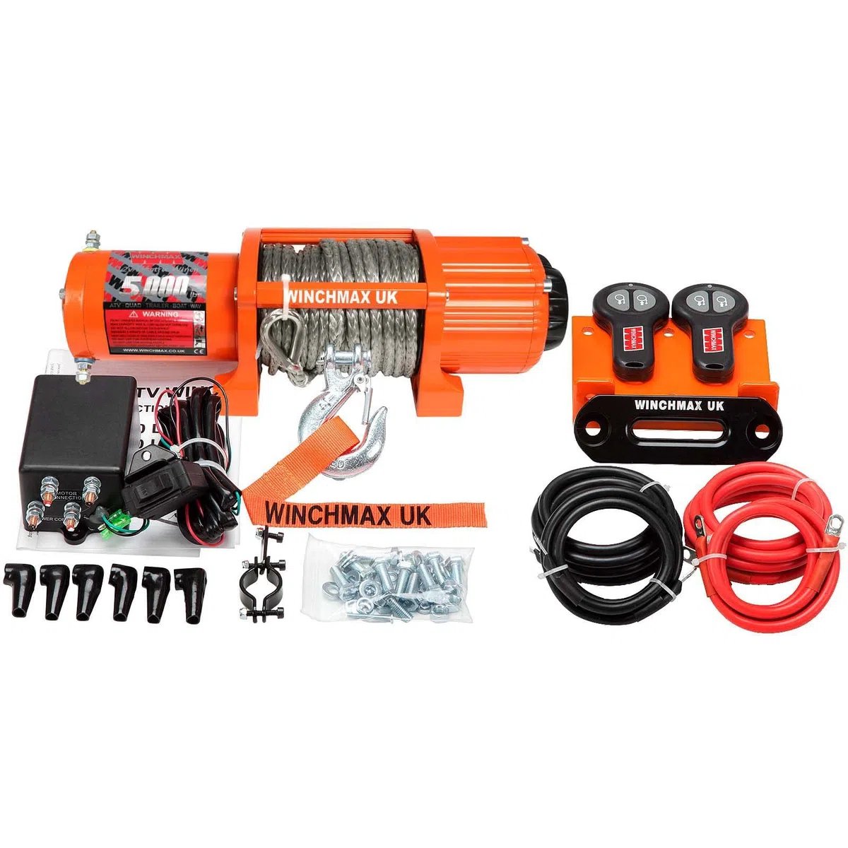 Winchmax 5000lb (2268kg) Verricello Originale Arancione 12v. Corda Sintetica Dyneema SK75 da 15,5 m x 5 mm. Gancio a Cerniera da 1/4 di Pollice. Telecomandi Wireless Gemelli.