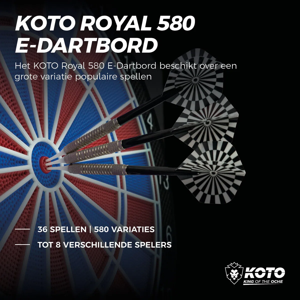 KOTO – Bersaglio Elettronico Royal 580, 6 Freccette Soft, 36 Giochi, Oltre 580 Varianti, per 1-8 Giocatori