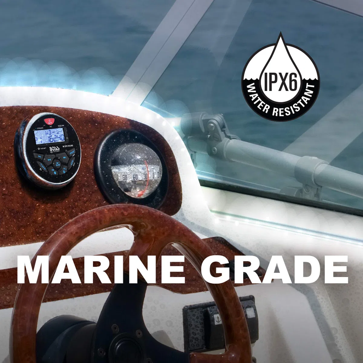 BOSS Audio Systems Ricevitore Stereo per misuratore per Barche Marine MGR350B - unità Principale Bluetooth, nessun Lettore CD Dvd, Amplificatore a 4 canali Integrato, Resistente alle intemperie, USB