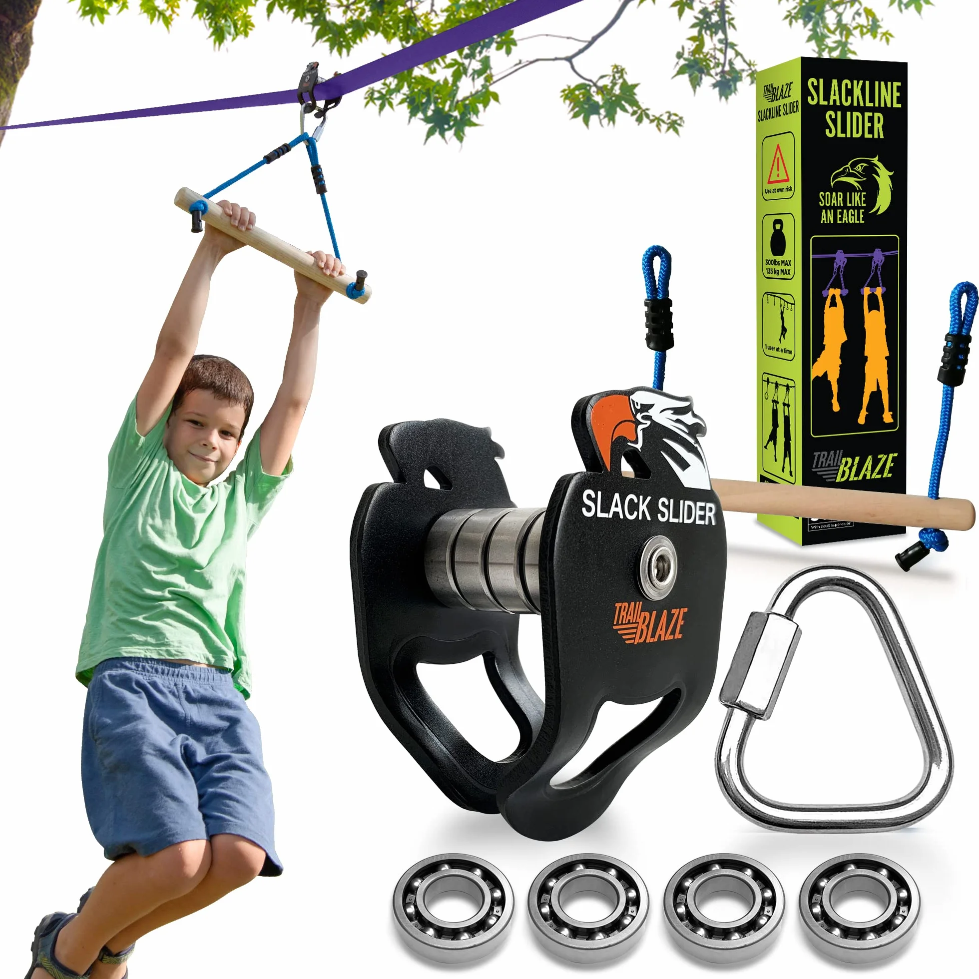 Kit Zipline Slider Pulley per Slacklines - Capacità di Carico 136,1 kg - Ninja Warrior Corsa ad Ostacoli per Bambini Con Monkey Bar - Backyard Fun
